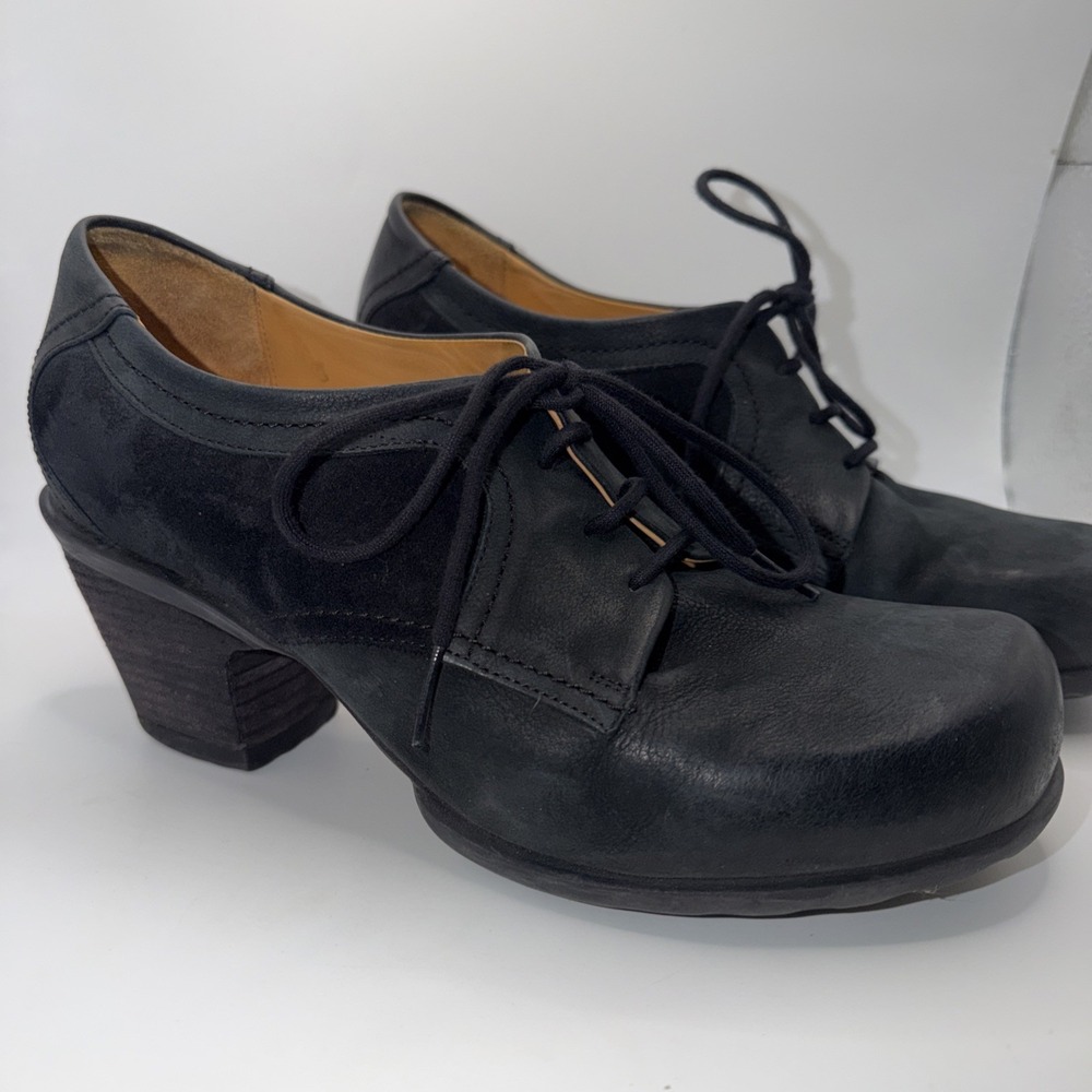 John Fluevog Women 10 Black Leather Suede Lace-Up Shoes Chunk Heel RARE Designer